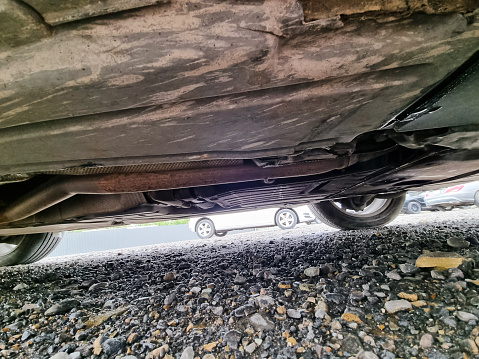 Inside worn rubber tire of a car