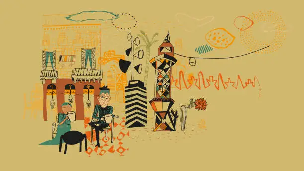 Vector illustration of Cafe scene in Barcelona