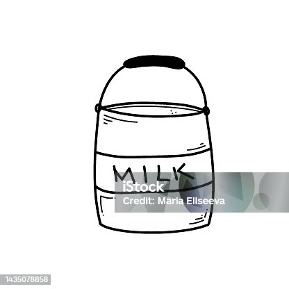 istock Doodle milk can with lettering, black hand drawn icon. Thin line sketch drawing. Hand drawn illustration for dairy products 1435078858