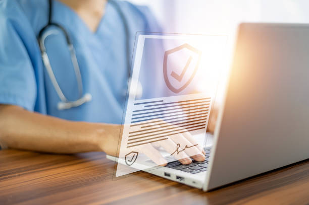 Health insurance, Doctor working in office at hospital and visual screen technology concept life insurance medical and heal care insurance concept Health insurance, Doctor working in office at hospital and visual screen technology concept life insurance medical and heal care insurance concept medical insurance data stock pictures, royalty-free photos & images