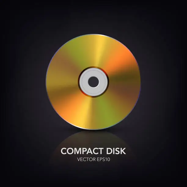 Vector illustration of Vector 3d Realistic Golden CD, DVD on Black with Reflection. CD Design Template for Mockup, Copy Space. Compact Disk Icon, Front View