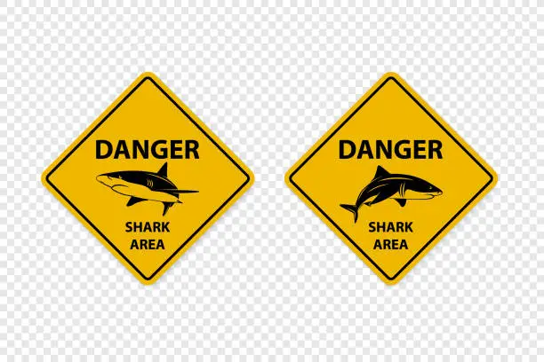 Vector illustration of Vector Yellow Shark Sighting Sign Set Isolated. Shark Attack Warning. Danger for Surfing and Swimming. Shark Zone, Area, Caution