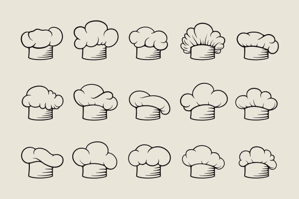 요리사 모자, 토크 흑백 선형 아이콘 컬렉션. 벡터 쿡, 베이커 요리사 모자 디자인 템플릿 세트 절연. 베이커리, 레스토랑, 주방 유니폼. 개요 블랙, 화이트 코튼 모자, 전문 천 - chef italian culture isolated french culture stock illustrations