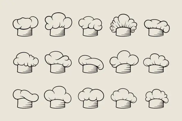 Vector illustration of Chef Hat, Toque Monochrome Linear Icon Collection. Vector Cook, Baker Chef Caps Design Template Set Isolated. Bakery, Restaurant, Kitchen Uniform. Outline Black, White Cotton Hats, Professional Cloth