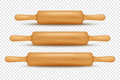 Vector 3d Realistic Textured Wooden Rolling Pin Icon Set Isolated. Kitchen Dough Roller, Design Template of Dough Rolling Pin for Bakery. Different Size. Front, Side View.