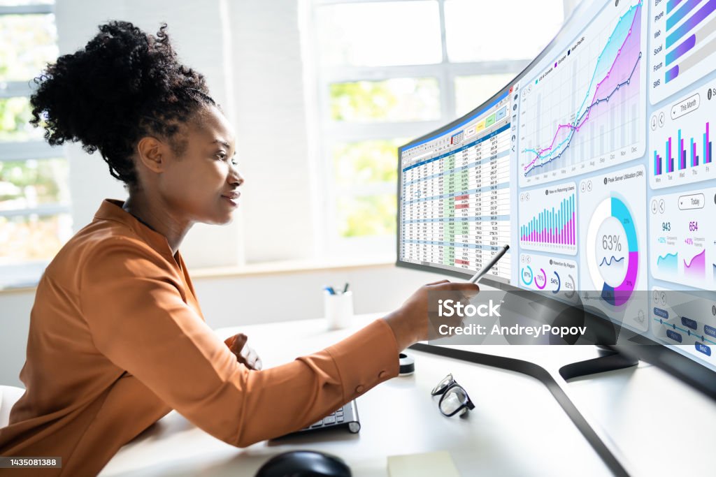 Analyst Woman Looking Analyst Woman Looking At Business Data Analytics Dashboard Big Data Stock Photo