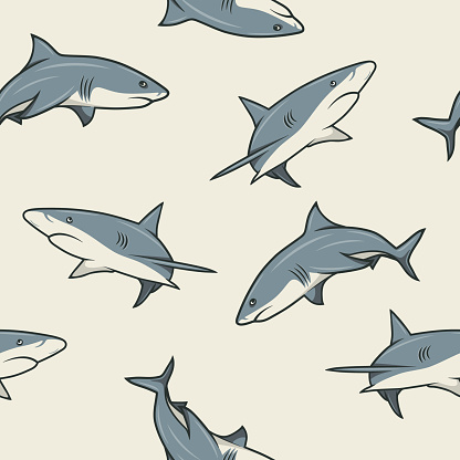 Vector Seamless Pattern with Cartoon Sharks. Seamless Texture with Hand Drawn White Sharks with Contour. Ocean Predator. Marine, Ocean, Sea Animals. Shark Character Design for Textile, Wallpaper Print
