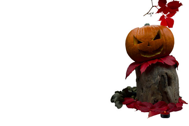 Halloween spooky decoration, creepy face and ivy leaf on white background