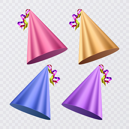 Realistic party hats set isolated on white background. Illustration of colored hat for party celebration birthday Vector format
