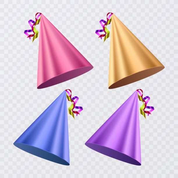 Realistic party hats vector set isolated on white background. Illustration of colored hat for party celebration birthday Realistic party hats set isolated on white background. Illustration of colored hat for party celebration birthday Vector format party hat stock illustrations