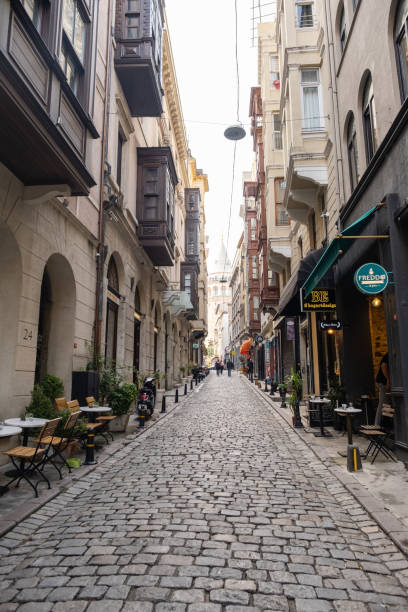 Shot of old street in Istanbul near The Galata Tower. stock photo