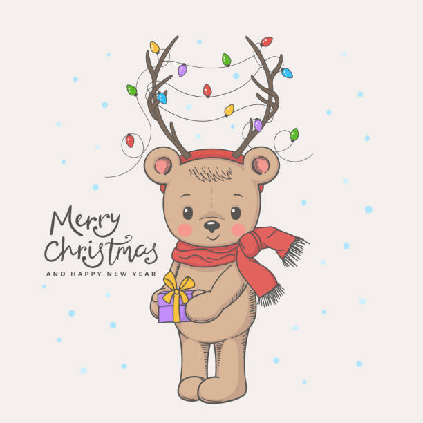 illustrazioni stock, clip art, cartoni animati e icone di tendenza di piccolo orso carino con scatola regalo, corna di cervo, ghirlanda di natale, sciarpa - bear teddy bear characters hand drawn