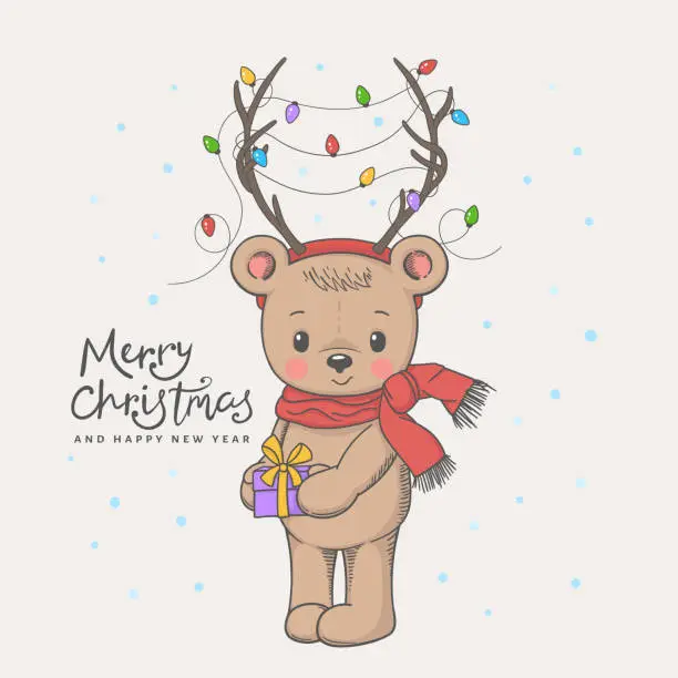 Vector illustration of Cute little bear with gift box, deer horns, christmas garland, scarf