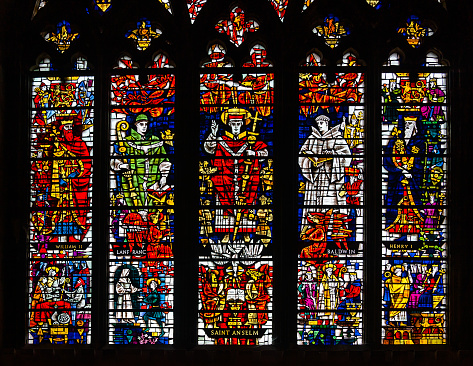 Canterbury, United Kingdom - 10 September, 2022: close-up view of historic stained glass windows inside the Canterbury Cathedral
