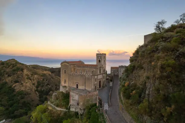 Savoca village in Sicily, Italy. Aerial view of Sicilian village Savoca. Houses on a hill in Savoca, small town on Sicily in Italy