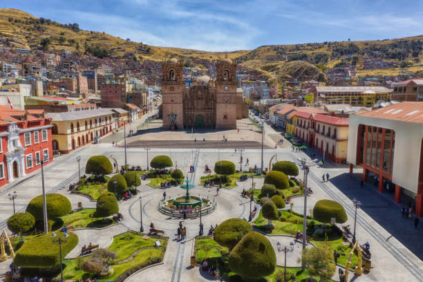 Aerial view of Plaza de Armas in Puno on Lake Titicaca in Peru, after the conversion of the monument to Francisco Bolognesi for an old French fountain from the end of the 19th century. stock photo