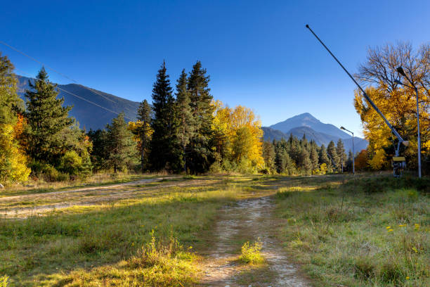 Bansko ski road, Bulgaria autumn landscape with colorful trees and Pirin mountains