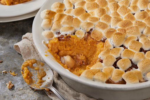 Sweet Potato Casserole with Cashews and Marshmallows