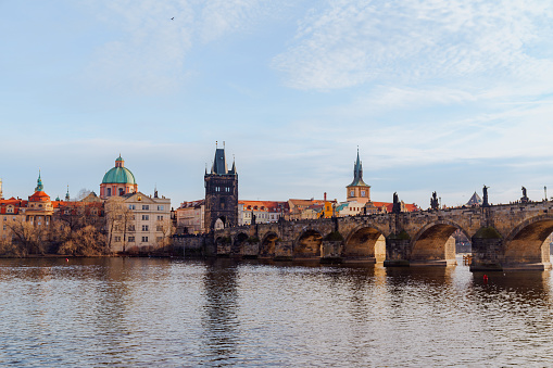 View of Prague at winter over Vltava river