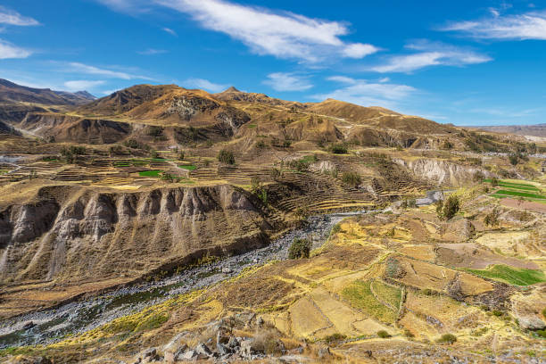 The Colca Valley between the towns of Chivay and Cabanaconde in the Peruvian Andes. stock photo