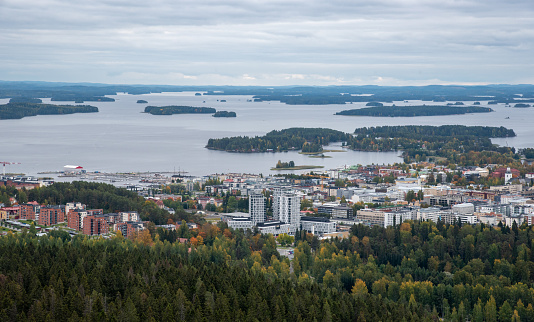 Cityscape of Kuopio from Puijo tower in Eastern finland. Norrthern Savonia
