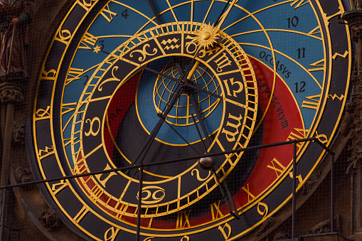 Close up of the clockface of the Astronomical Clock, Old Town Hall, Prague, Czech Republic