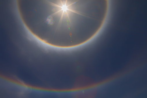 Double solar halo over Lake Titicaca in Puno,Peru on September 21, 2022