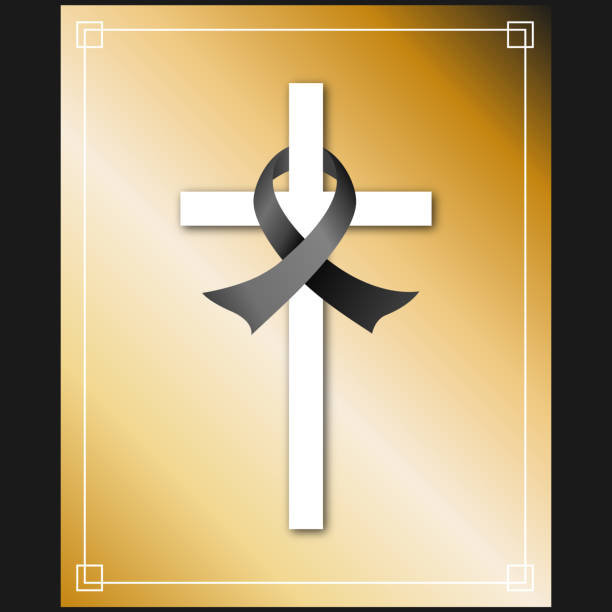 黒いリボンとメタリックな背景を持つ葬儀カードテンプレート - cross cross shape shiny gold点のイラスト素材／クリップアート素材／マンガ素材／アイコン素材