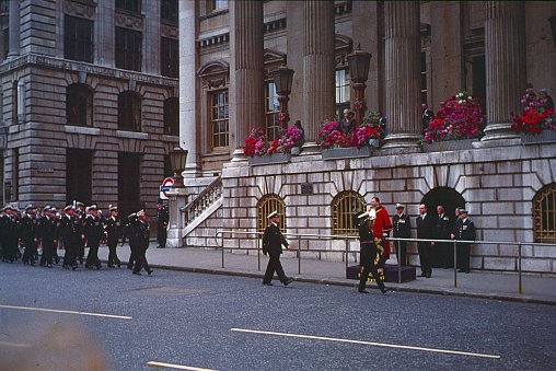 Chelsea, London, England, UK, 1960. The Lord Mayor of London inspects a parade outside his official residence. Also: Royal Navy members.