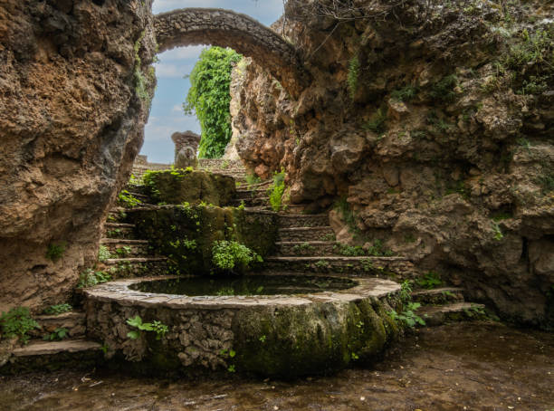 fonte de pedra pública em um caminho florestal no campo perto da aldeia de riopar viejo, província de albacete. vista frontal. - moss side - fotografias e filmes do acervo