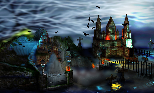 Halloween background. Spooky night with medieval castle, pumpkins and flying bats. 3D render illustration.