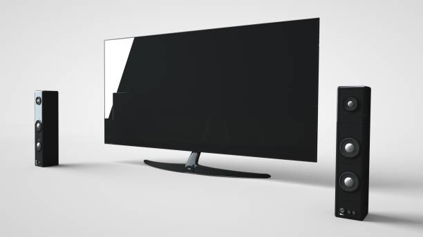 istock Speakers and wide flat smart TV 3D rendering. 1435100473