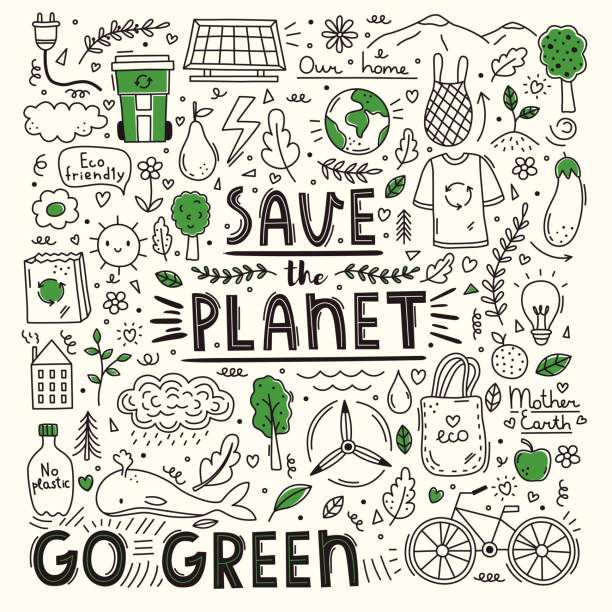 ilustrações de stock, clip art, desenhos animados e ícones de vector set of simple ecology doodles - recycled bag