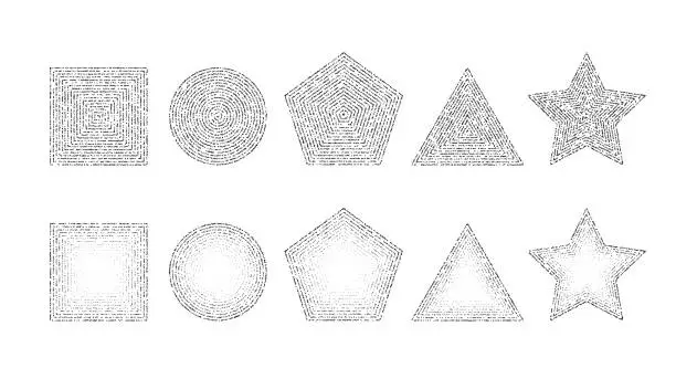 Vector illustration of Dotted grainy shapes set. Stippled square, circle, triangle, star and pentagon with gradient. Grain noise geometric forms. Vector stochastic dot work collection.