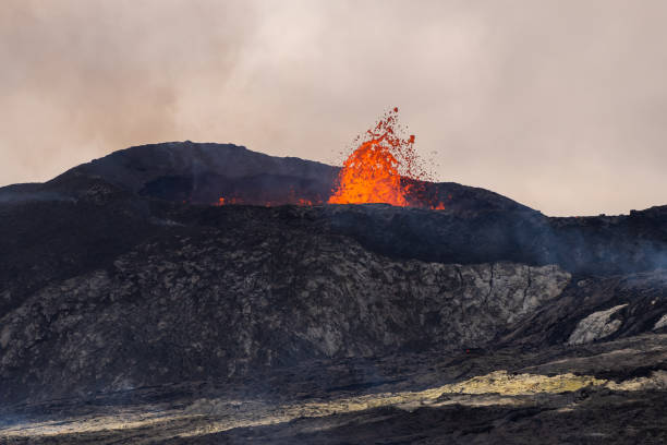 istock Impressive aerial view of the exploding red lava from the Active Volcano in Iceland 1435104330
