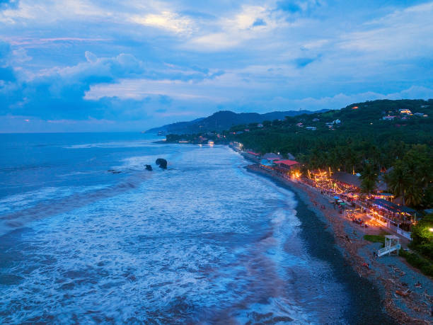 El Tunco beach in La Libertad, El Salvador. Aerial view at dusk