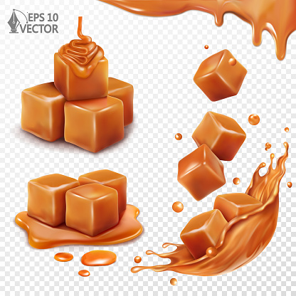 3D realistic vector set of a caramel pieces falling into a splash . Melting caramel slice in liquid sauce. Dripping caramel and toffee candies