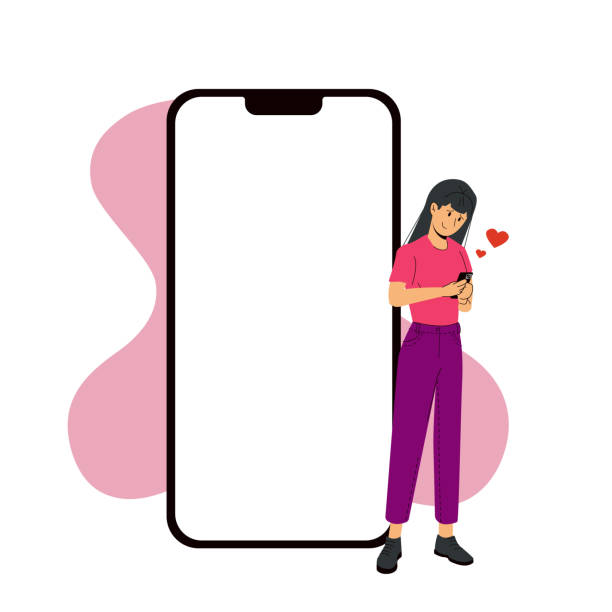illustrations, cliparts, dessins animés et icônes de modèle d’écran iphone 14 pro à côté d’une femme amoureuse. vecteur moderne - mockup iphone