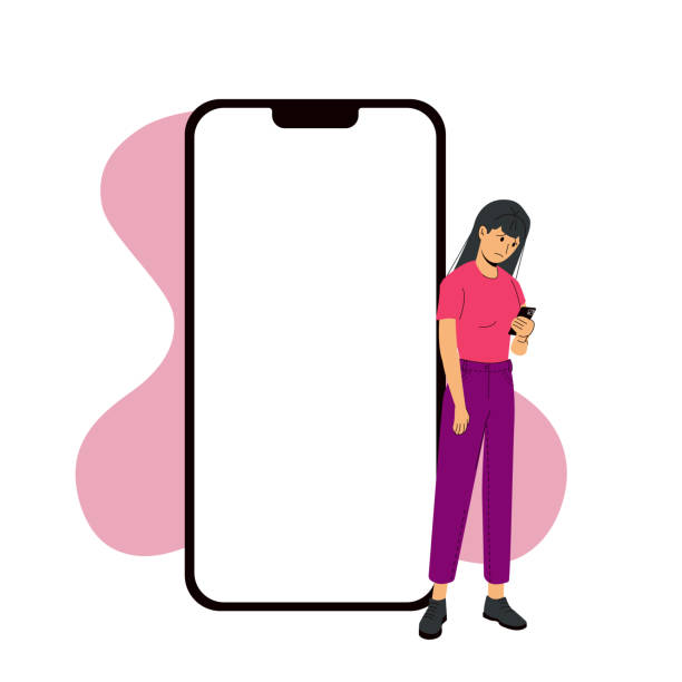 stockillustraties, clipart, cartoons en iconen met iphone 14 pro screen template next to a sad woman. vector modern - iphone mockup
