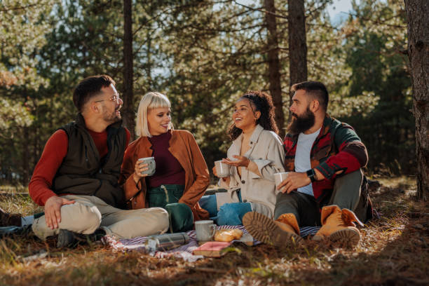 istock Cheerful friend having picnic in nature. 1435107392