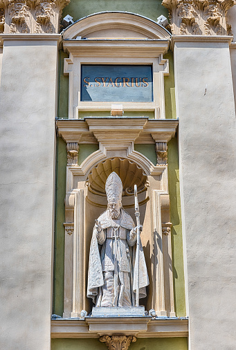 Statue of Saint Syagrius on the facade of the baroque Cathedral of Saint Reparata, in the old town of Nice, Cote d'Azur, France