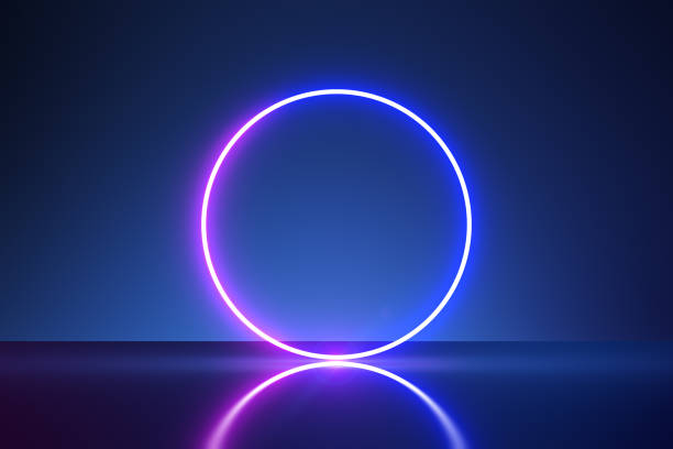 istock Neon bright colors illuminated round frame with place for your logo or text on blank dark blue wall background. 3D rendering, mockup 1435109055