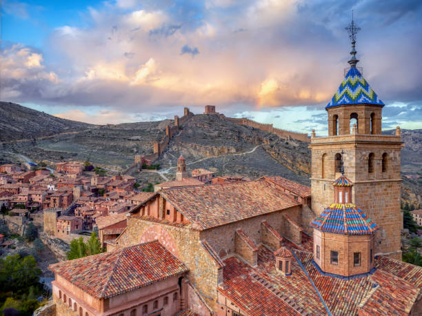 Views of Albarracin with its cathedral in the foreground. stock photo