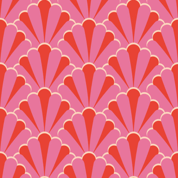 ilustraciones, imágenes clip art, dibujos animados e iconos de stock de conchas rayadas rosas art deco. patten sin costuras florales de color rosa brillante para papel tapiz, textiles, telas, decoración del hogar. - seamless tile illustrations