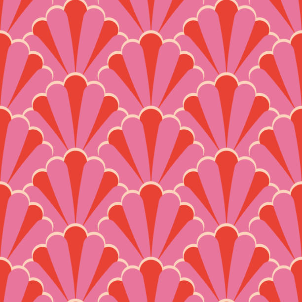 розовые полосатые раковины в стиле ар-деко. ярко-розовый цветочный бесшовный паттен для обоев, текстиля, ткани, домашнего декора. - repeating tile illustrations stock illustrations