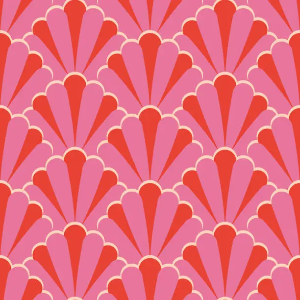 Vector illustration of Art Deco Pink Striped Shells. Bright Pink Floral Seamless Patten For Wallpaper, Textiles, Fabric, Home Décor.