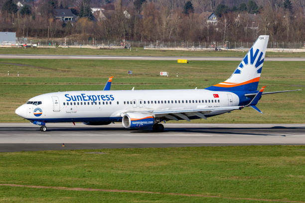 SunExpress Boeing 737 passenger plane SunExpress Boeing 737 passenger plane taxiing after landing at Dusseldorf Airport. Germany - February 7, 2020 sunexpress stock pictures, royalty-free photos & images