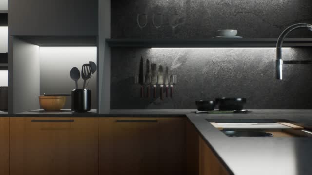 Stylish minimalistic kitchen interior with kitchen appliances, an apron and illuminated shelves. 3d Animation of the interior of the kitchen-studio in dark colors.