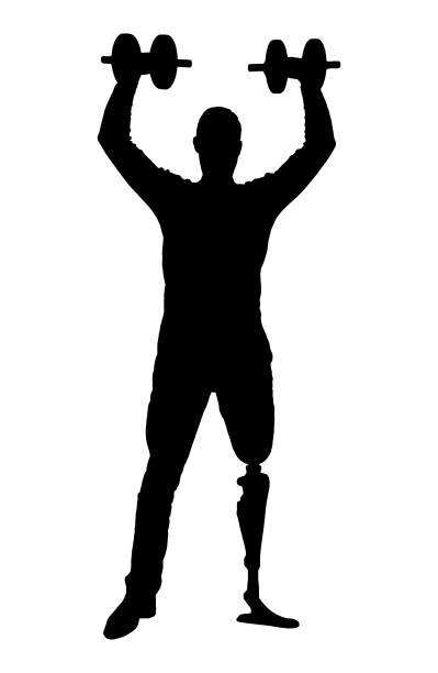 illustrazioni stock, clip art, cartoni animati e icone di tendenza di uomo della silhouette vettoriale con una gamba protesica in piedi con manubri in mano - prosthetic equipment illustrations