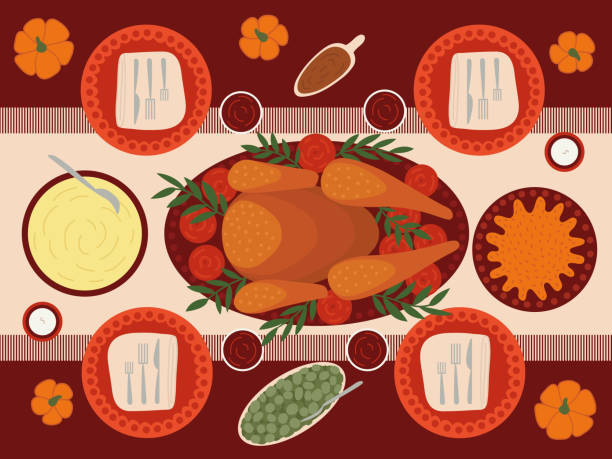 illustrazioni stock, clip art, cartoni animati e icone di tendenza di vista dall'alto del tavolo da pranzo del ringraziamento - thanksgiving feast day dinner party turkey